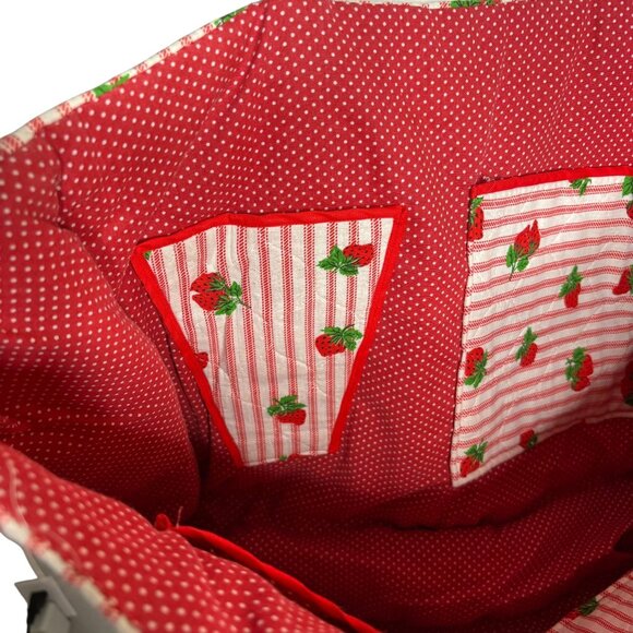 Handmade Quilted Strawberry Print Tote Bag Large Red Striped Inner Pockets - Picture 3 of 6